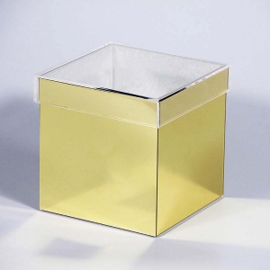 Caja de presentación de acrílico brillante en forma de rosas preservadas de espejo dorado 