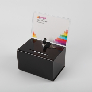 Caja de donación de plexiglás acrílico de lujo negro con signo y cerradura 