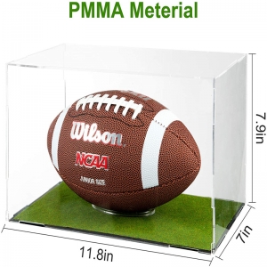Caja de almacenamiento transparente para fútbol con césped artificial Escaparate de fútbol en tribuna con soporte para pelota 