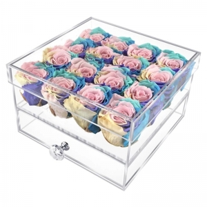 Claro cuadrado de 16 agujeros de acrílico de acrílico de rosa flor de la caja con cajón 