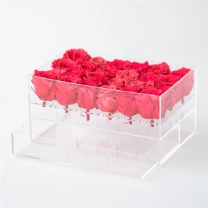 macetero rectangular acrílico transparente para 24 rosas con cajón 