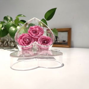 caja de flores color de rosa de acrílico transparente en forma de corazón personalizada con 3 agujeros 