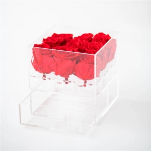 Caja de flores color de rosa de acrílico transparente 9 de lujo en forma cuadrada con cajón de joyería 
