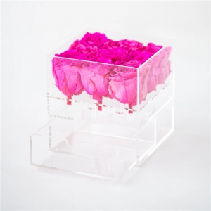 Caja de flores color de rosa de acrílico transparente 9 de lujo en forma cuadrada con cajón de joyería 