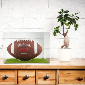 Caja de almacenamiento transparente para fútbol con césped artificial Escaparate de fútbol en tribuna con soporte para pelota 