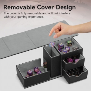 Bandeja para dados con torre para accesorios de juego de cuero sintético negro y gris 