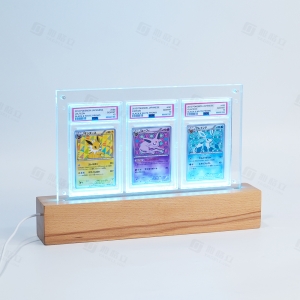 Soporte de exhibición acrílico PSA de 3 ranuras con luz LED y base de madera 